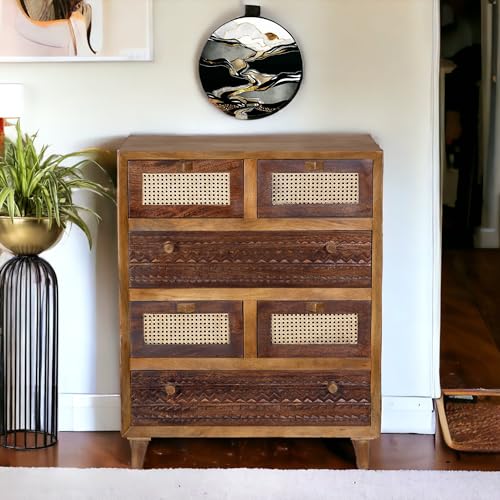 Image of Solid Wood Luffy Chest of Drawers | Chest of Drawers for Storage | 6 Drawer Dresser | Natural Cane | Finish- Light Brown and Tubaq