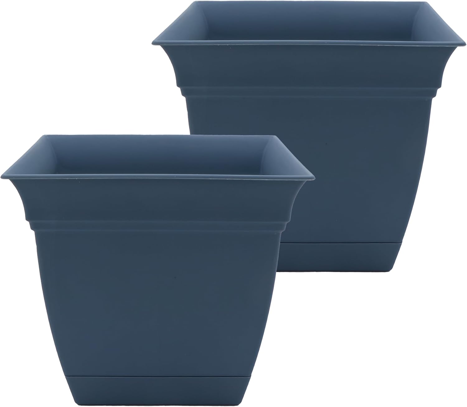 The HC Companies Eclipse Square Plastic Planter w/Attached Saucer - Outdoor & Indoor Plant Pot with Drainage Holes - Lightweight, UV-Resistant Plastic Pots for Plants (12" Slate Blue, Pack of 2)