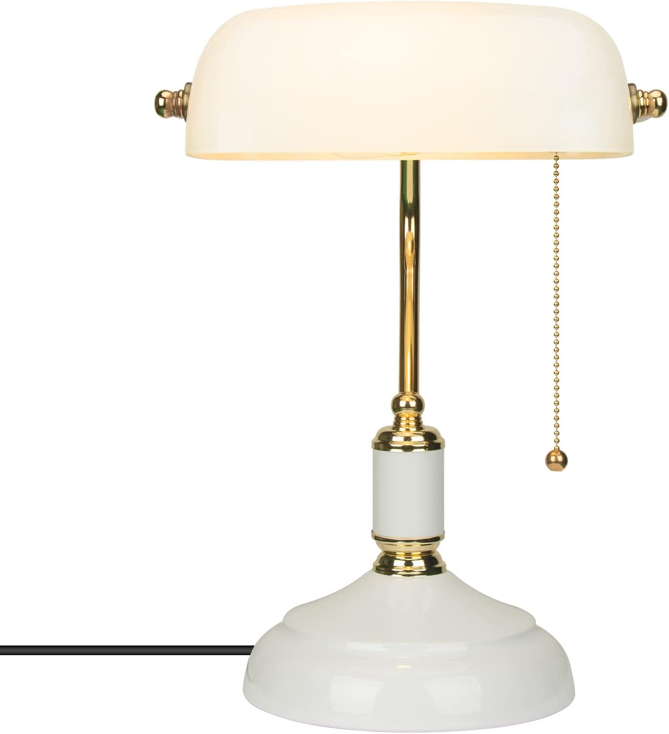 White Glass Bankers Desk Lamp, Vintage Reading Table Lamp, Classic Bedside Light with Brass Pull Chain Switch for Bedroom Home Office