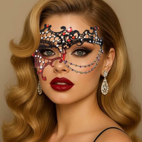 Flimire Masquerade Lace Mask for Women Rhinestone Half Eye Mask Sparkle Beads Costume Party Masks (Red)