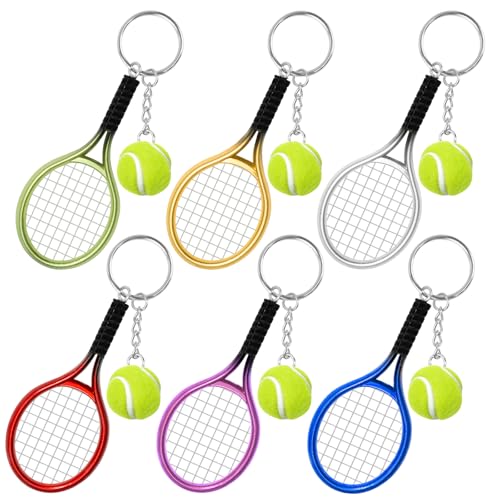 AUHOKY 6Pcs Mini Tennis Racket Keychain Key Ring Fashionable Alloy Tennis Ball Split Ring Sport Style Split Keychain for Sport Lovers Team - Exquisite & Lightweight(6 Colors)