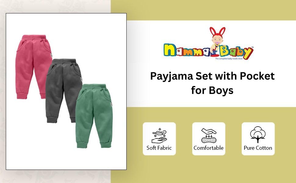 NammaBaby Boys' & Girls' Regular Fit Trackpants Kids Unisex Cotton Trouser Style Thick Pants Lounge Pant with Pocket Pack of 3 (Multi, 8-9 Years) Multicolour 1