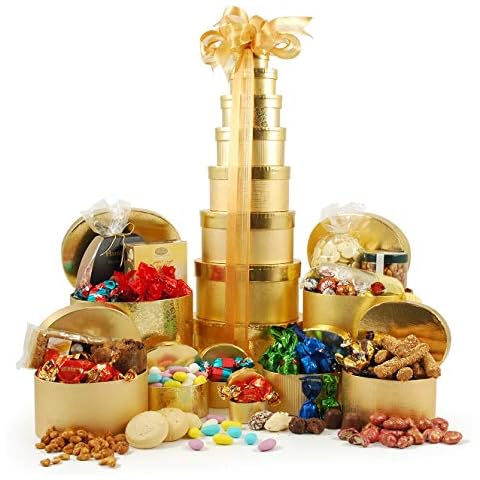 50cm Deluxe Golden Gift Tower - 8 Gift Boxes with Chocolates, Cookies & Sweet Treats - Luxury Chocolate Hamper Gift for Friends, Family or Staff Cover