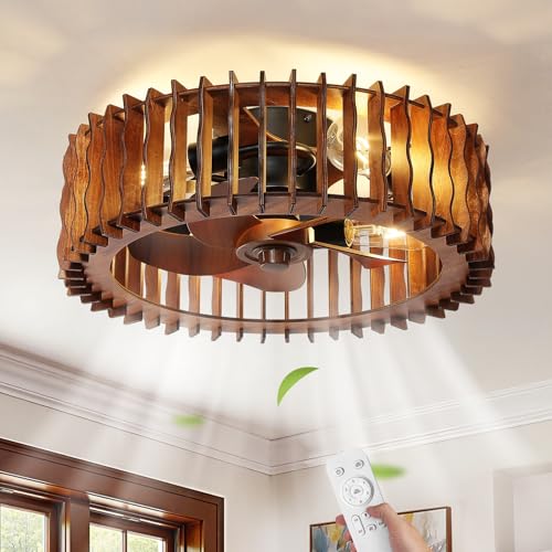 Image of Wooden Fandelier Ceiling Fan with Light and Remote, 20 inch Flush Mount Caged Ceiling Fan with Light, 6 Speed Reversible Farmhouse Low Profile Ceiling Fan for Bedroom Living Room