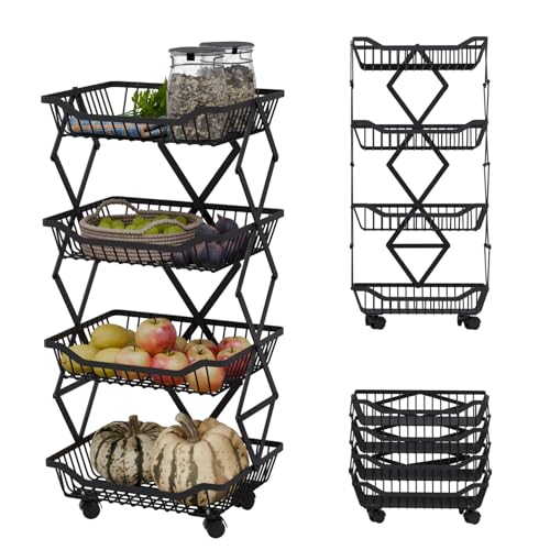 Eizan Home Carro de Cocina con Ruedas - Verdulero y Frutero Plegable y Estrecho - Carrito Auxiliar de Cocina Negro - Carrito para salón, Cocina y baño
