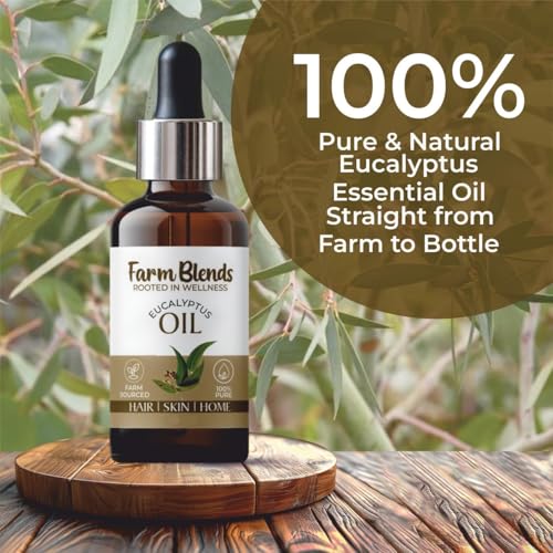 Image of Farm Blends Eucalyptus Essential Oil 100% Undiluted Pure | Steam Inhalation, Cough Relief, Relaxes Muscle, Anti Dandruff, Diffuser | Farm To Home | Natural Nilgiri Oil | Eucalyptus globulus|30ML + 30ML (Pack of 2)