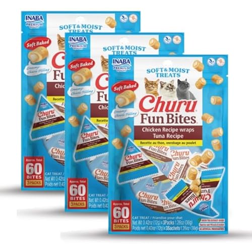 INABA Churu Fun Bites for Cats, Soft & Chewy Baked Chicken Wrapped Filled Cat Treats with Taurine, 0.42 Ounces Each Tetra, 9 Tetras (3 per Bag), Tuna Recipe