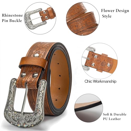 Cowgirl Cowboy Rhinestone-Studded-Buckle Western Belt for Women PU-Leather Floral-Embossed Vintage-Carved Belt4