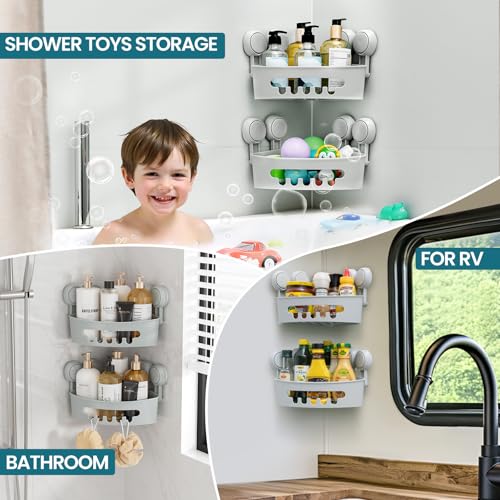 Image of TAILI Corner Shower Caddy with Suction Cups, Wall Mounted Organizer Plastic Rack for Small Bathrooms, Kitchen, Removable Drill-Free Heavy Duty Shelf Basket, Grey