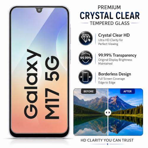 Image of ArmourPro 3D Borderless Tempered Glass for Samsung Galaxy M17, F17, A17, M36 and F36, Set of 2 HD Clear Screen Protectors with 3D Curved Edges, 9H Hardness, Oleophobic Coating, Case Friendly