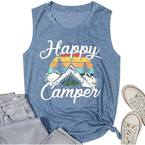 Women Mountain Adventure Workout Happy Camp Shirt Tank Tops Summer Hiking Camping Athletic Sleeveless Shirts Funny Cute Graphic Tee Tops-XL Blue Cover