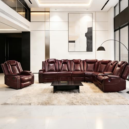 Image of Power Reclining Sectional Sofa Set with Recliner Chair, Brown Breathable Faux Leather L-Shaped Couch with LED Lights, USB Charging, Wireless Charging, Storage Console and Cup Holders