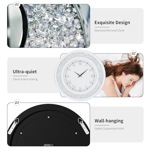 Artloge 1369SR60 Crushed Diamond Wall Clock: 24 Inch Round Decorative Mirrored Clock thumb #2