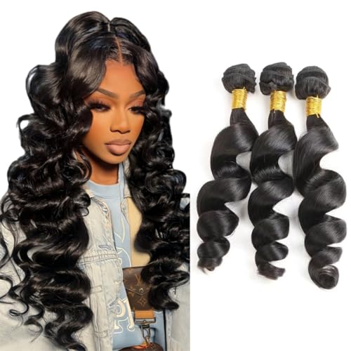 Salharer Extensiones de pelo humano para coser, extensiones de cabello humano sueltas, onduladas, 3 mechones de 50 g/por Remy, color negro natural para mujer de 45 cm