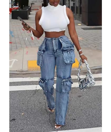 xxxiticat Women's Cargo Jeans Mid Waist Multi Flap Pockets Zipper Patchwork Straight Leg Casual Long Blue Denim Trousers3