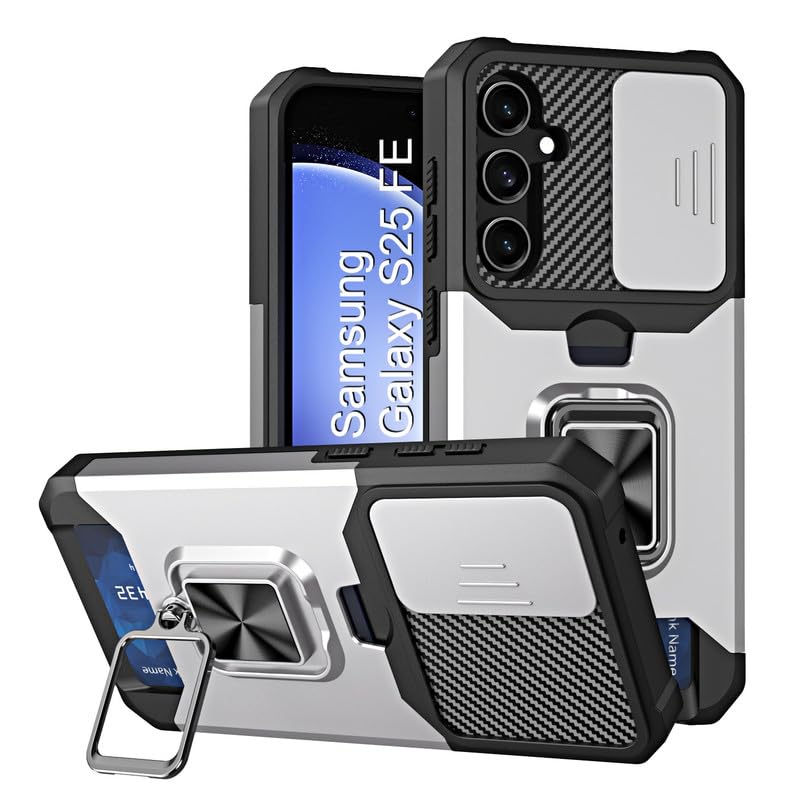Image of LuxuryKase Shockproof Armor Case for Samsung Galaxy S25 FE | Slide Camera Cover | Hidden Card Slot | Rotating Ring Kickstand | Magnetic Car Mount Support | Military Grade Protection - White