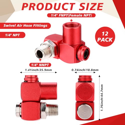 Image of 12 Packs 1 /4 Inch NPT 360 Degree Swivel Air Hose Connectors, Industrial Air Hose Fittings and Portable Compressor Tool Fittings (Red)