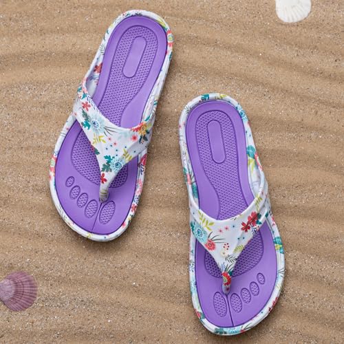 Image of GreaterGood Walking Paws Flip Flops Rainbow Colorful Lightweight Contoured Non Slip Textured Footbed Beach Sandals for Women