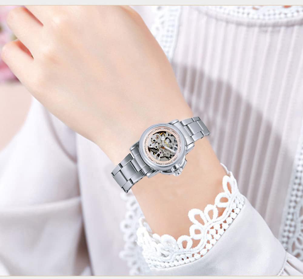 SENRUD Damen Automatikuhren Damen Edelstahl Skelett Wasserdicht Automatik Armbanduhren Geschenk für Frauen