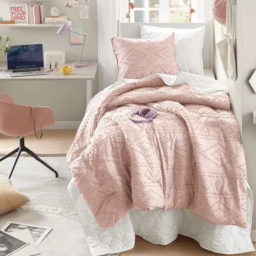 Comfort Spaces Twin/Twin XL Comforter Set for College Tufted Boho Dorm Comforter Set Twin XL Size, All Season Lightweight Bedding Set Girl, Matching Sham Pink 2 Piece