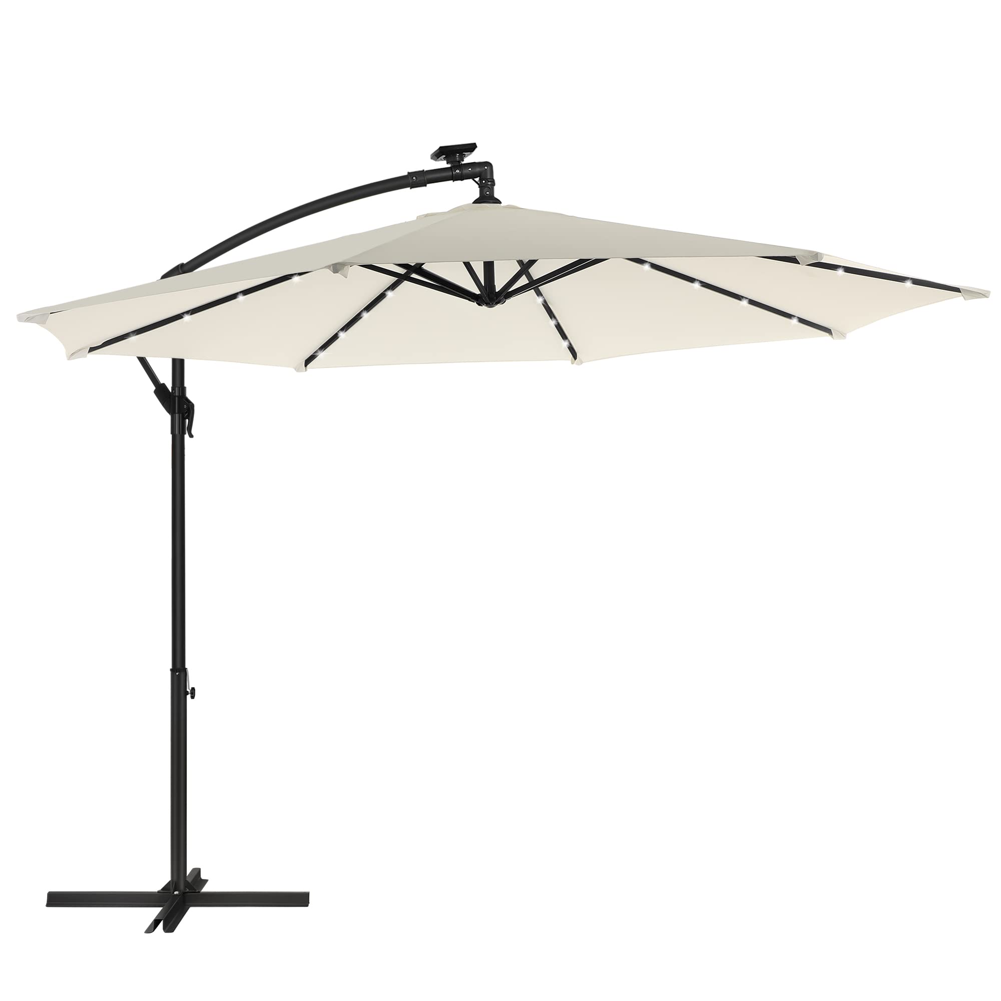SONGMICS Sombrilla Terraza Exterior, Sombrilla Descentralizada con 32 Luces LED Energía Solar, Sombrilla Ø 3 m con Base, Protección UPF 50+, Fácil de Abrir y Cerrar
