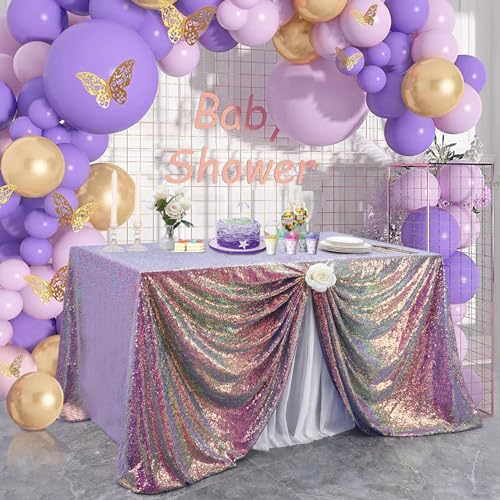 Image of B-COOL Sequin Tablecloth for Parties Decoration 50x50 Inch Rectangle Table Topper Overlay Sparkle Shimmer Table Cloth for Baby Shower Bridal Birthday Frozen Banquet Iridescent Purple