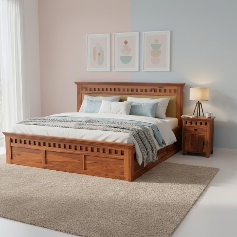 Image of Amazon Brand - Solimo Solid Sheesham Wood Kuber King Size Upholstered Bed with Box Storage + 2 Bedside | Wooden King Size Cot Bed | Double Bed with 2 Bedside Table for Bedroom (Honey Finish)