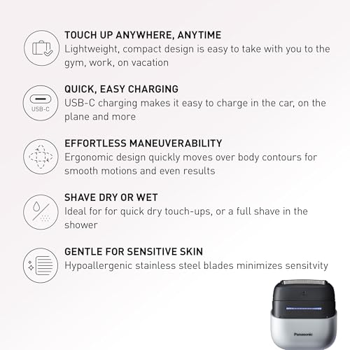 panasonic swipe right travel shaver for women portable electric razor with usb-c charging 3-blade cutting system for dry or wet use - es-cm3a-w