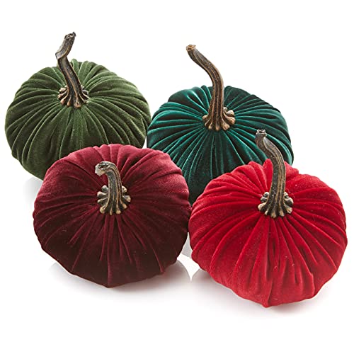 Set of 4 Small Velvet Pumpkins, elegant fall home decor tablescape, hygge home, cozy autumn vibe, gift set for hostess, Thanksgiving centerpiece, wedding decor (Burgundy, Red, Olive, Emerald)