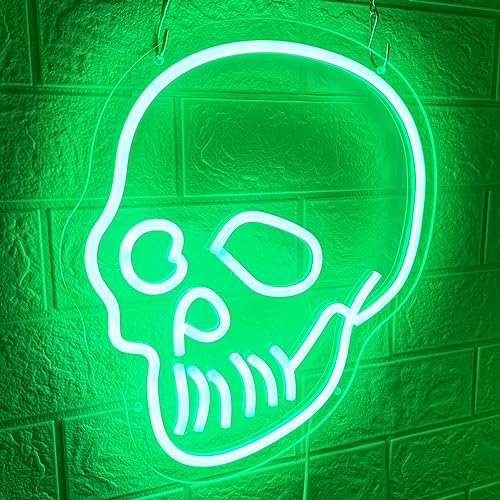 Image of Skull Neon Sign Green Skeleton Head LED Neon Signs Skull Wall Sign Neon Halloween Sign Skeleton Lights Sign for Bedroom Man Cave Game Room Halloween Decor Indoor