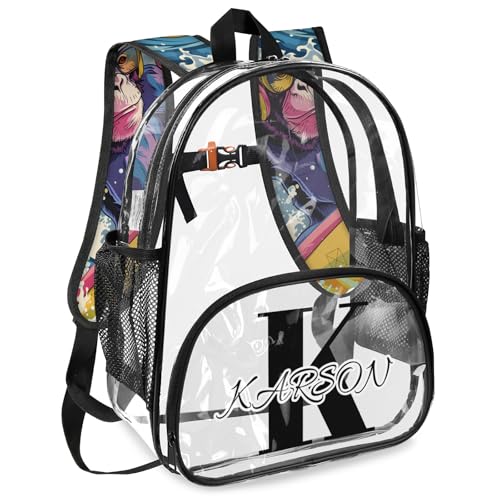 Personalized Large Clear Backpack Stadium Approved Heavy Duty PVC Plastic Custom Monkey Transparent Backpacks See Through Bag with Name, Funny2