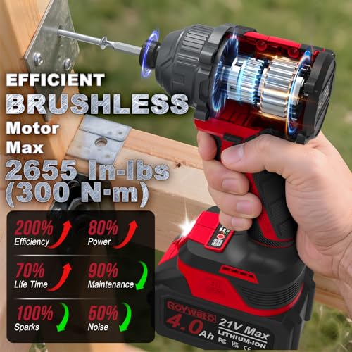 Cordless Impact Driver 2655In-lbs(300N·m) - 21V 1/4" Hex Chuck Brushless Impact Driver With 2 x 4.0Ah Batteries & Charger & 14 x Sockets Set & 10 x Screwdriver Bits for Home Projects & DIY Red - Image 5