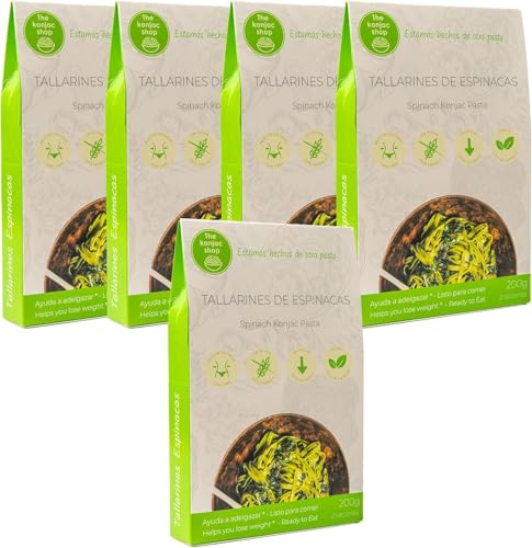 The Konjac Shop - Tallarines Konjac de Espinacas 270g Shirataki Sin Gluten Bajo en Calorías y Carbohidratos 100% Vegetal (Pack de 5)