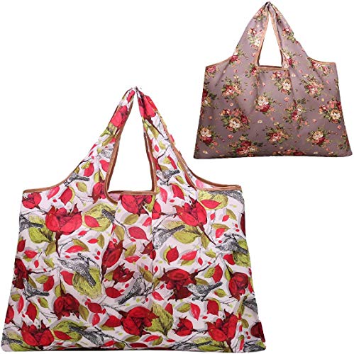 JISEN - Bolsas reutilizables (2 paquetes de nailon grandes, lavables, plegables, ecológicas, resistentes, para la compra, cabe en flores de bolsillo, 2 unidades)