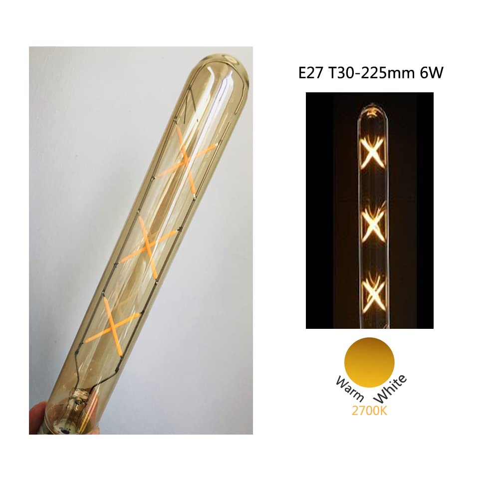 E27 T30-225mm LED Edison Vintage Glühbirnen 6W(Äquivalente 50W Halogenbirne) 500LM Warmweiß 2700K Nicht Dimmbar E27 Braunglas Retro Tuber,8Packungen