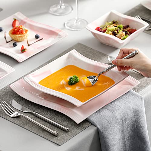 Image of MALACASA Plates and Bowls Sets, 26 Pieces Pink Dinnerware Sets for 6, Porcelain Dinnerware Set with Dinner Plates and Bowls, Serving Platters, Square Dishware Sets, Modern Dish Set, Series Flora