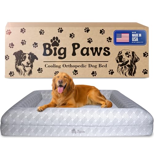Big Paws Cooling Orthopedic Dog Bed for Large & Senior Dogs – High-Density Memory Foam, Waterproof Liners, Washable Cover, Non-Slip Base, Raised Bolsters – XL Mattress for Joint Relief