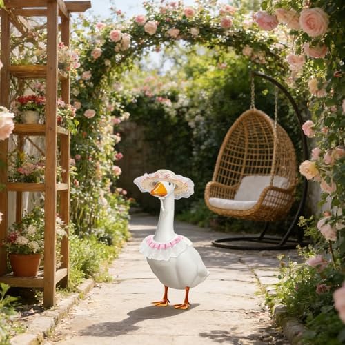 Porch Goose Pastoral Style Outfit, Summer & Autumn Goose Statue Suit with Hat & Bib Countryside Pet Cat Dog Costume Clothes for Lawn Concrete Statue Garden Patio Yard Accessories Pet (Pink) — view 6