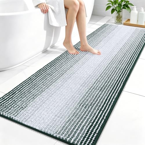 Image of OLANLY Bathroom Runner Rugs 59x24, Extra Soft Absorbent Chenille Striped Bath Rugs, Rubber Backing, Machine Wash Dry, Long Bath Mats for Bathroom, Tub, Shower, Home Decor Accessories, Blackish Green