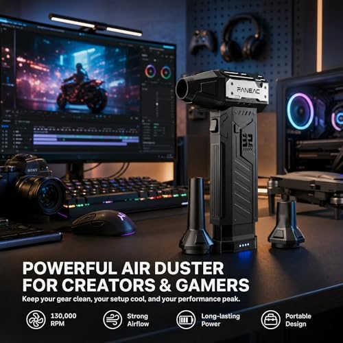 Image of Electric Air Duster with 2 Swappable Battey Pack | 150,0000 RPM BLDC 150 mph Air flow, 3-Speed Compressed Air Duster for Dust /Snow Cleaning - 2-yr Warranty
