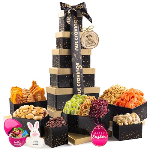 NUT CRAVINGS Gourmet Collection - Easter Treats, Candies &amp; Dried Fruit Nuts Tower Gift Basket with Happy Easter Ribbon, Candy Filled Egg + Bunny (12 Piece Assortment)