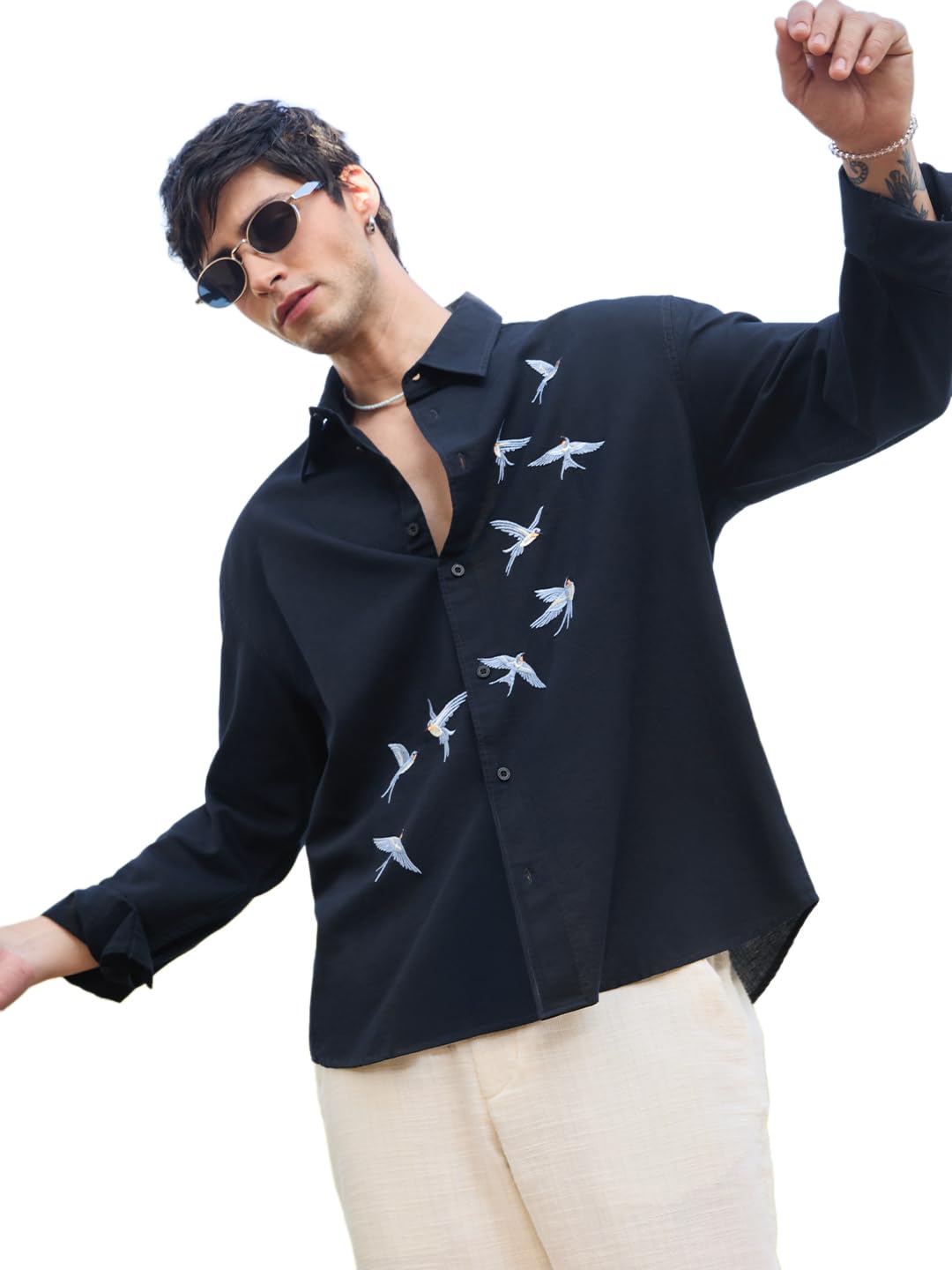 the souled store Cotton Linen: Men and Boys Long Sleeves Spread Collar Embroidered Relaxed Fit Lightweight Everyday Casual Buttoned Woven Cotton Linen Shirts-picture-14