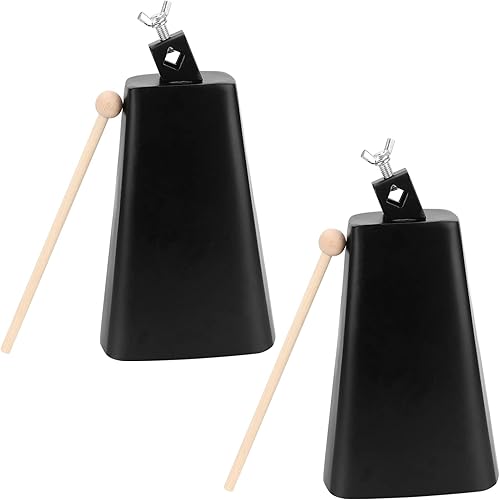 Paquete de 2 campanas de vaca de acero de metal de 8 pulgadas, cencerros de percusión de mano con palo para batería, instrumento de percusión,