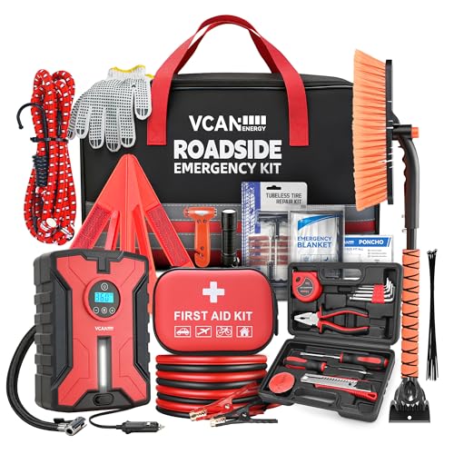 Car Emergency Safety Kit Bag with Portable Air Compressor, Jumper Cables,First Aid Kit, Winter Vehicle Roadside Emergency Kit with Snow Brush and Ice Scraper, for Women, Men, Teen