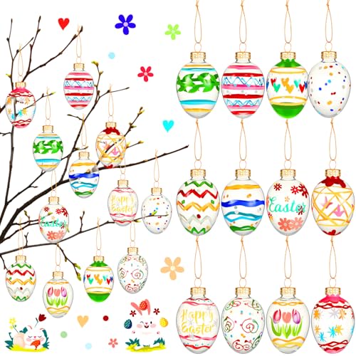 Pickmesh 24 Pcs Glass Easter Egg Ornament Hand Painted Pastel Egg Hanging Easter Tree Decorations for Spring Holiday Party Indoor Outdoor Home Supplies, 1.2 x 2 Inch, 12 Designs