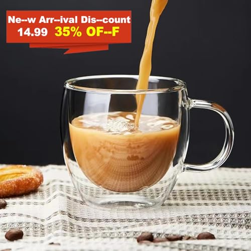 Image of Mfacoy Double Wall Insulated Glasses Espresso Cups Set of 4 (50% Thicker), 5 oz Clear Coffee Cups with Handle, Shot Glasses, Suit for Espresso Machine, Latte, Cappuccino, Glass Coffee Mugs