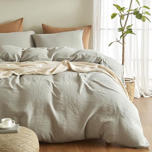 SE SOFTEXLY Muslin Duvet Cover Twin Size, 100% Washed Cotton Duvet Cover Set, Ultra Soft Comforter Cover Linen Like, 2 Pieces Minimalist Gauze Duvet Cover with 1 Pillowcase, 68"x90", Smoky-Green