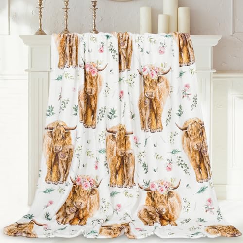 Image of JarThenaAMCS Floral Highland Cow Fuzzy Blanket 60 x 50 Inch Farmhouse Throw Blanket Watercolor Flower Greenery Yak Soft Cozy Flannel Blankets for Home Chair Sofa Couch Bed