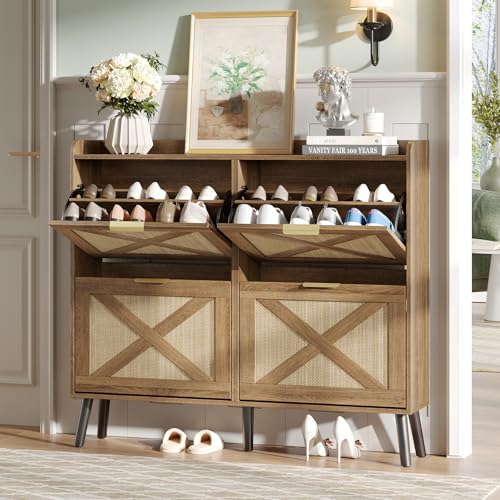 Image of Maupvit Large Shoe Storage Cabinet with 4 Flip Drawers, Narrow Shoe Cabinet for Entryway with Wooden Legs, Freestanding Hidden Shoe Rack Organizer & Metal Hinges, Rustic Oak Rattan