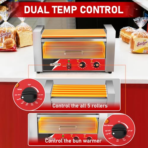 CROSSON Hot Dog Maschinen 5 Rollen mit Brötchenwärmer,12 Hotdogs Machine Elektrogrill mit Temperaturregler Für Party, Haushalt und Gewerbe,1050W